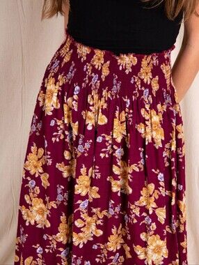 Natural Life Burgundy Gold Floral High-Waist Maxi Skirt Large XL Boho Hippie